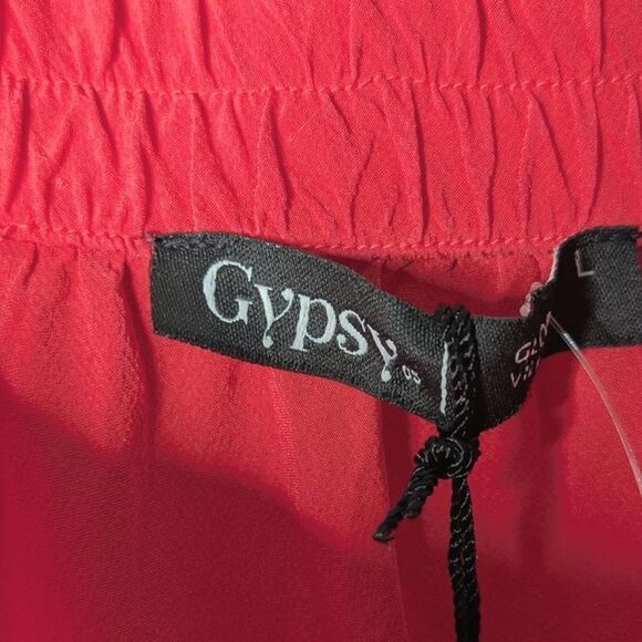 Gypsy O5 Strapless Red Silk Tie Dye Embroidered Elastic Tie Waist Maxi Dress L - Picture 13 of 15